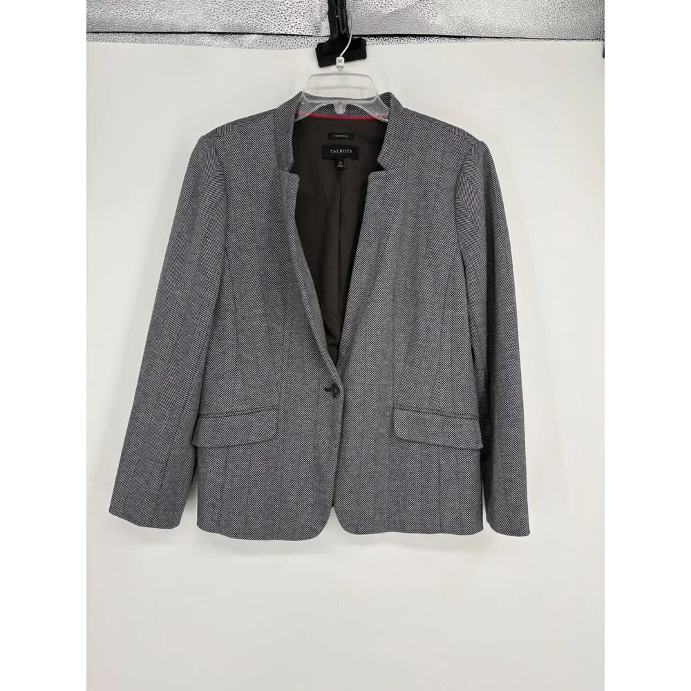 Talbots Blazer Women 14 Grey Aberdeen Herringbone Single Button Notchless Jacket